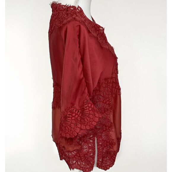 Anthropologie Moulinette Soeurs Satin Viscose Blouse Lace Orange Rust Medium - Picture 6 of 11